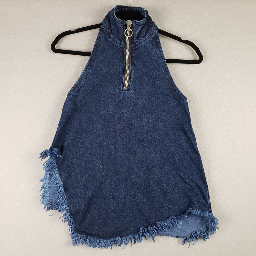 Marques Almeida Size XS Denim Halter Top‎ Frayed Zip Front Asymmetrical Grunge